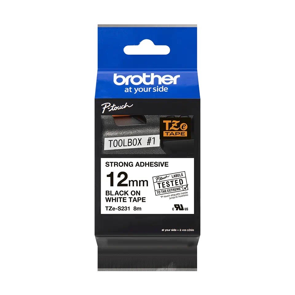 TZeS231 12mm BLACK ON WHITE 8m STRONG ADHESIVE BROTHER P-TOUCH TAPE