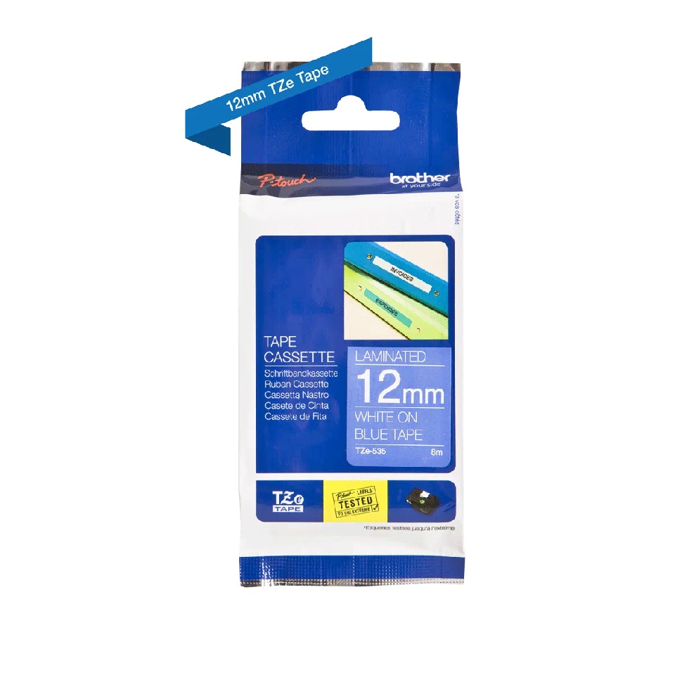 TZE535 12mm White On Blue Tape BROTHER P-TOUCH TAPE