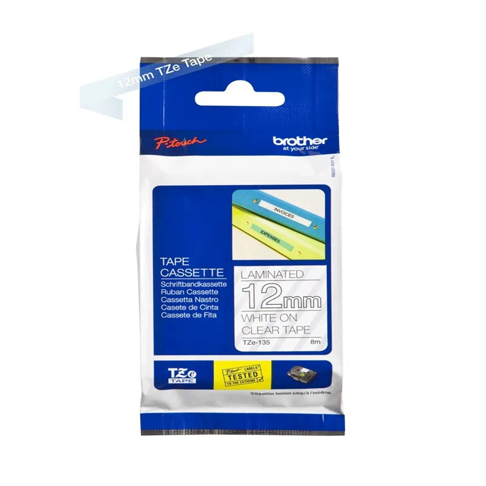 TZe135 (S) 12mm WHITE ON CLEAR 8m BROTHER P-TOUCH TAPE