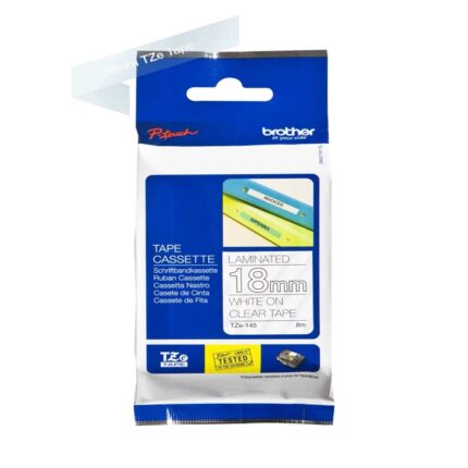 TZe145 (S)18mm White On Clear Tape
