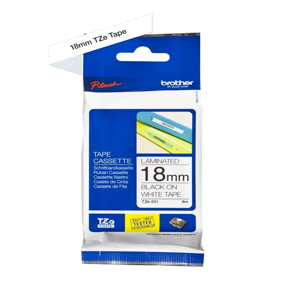 TZe241 18mm BLACK ON WHITE 8m BROTHER P-TOUCH TAPE