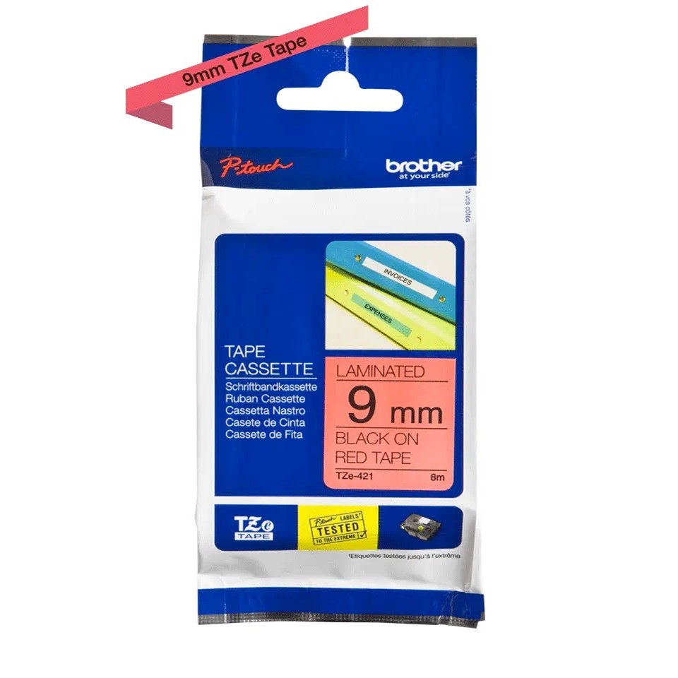 TZe421 9mm Black On Red Tape