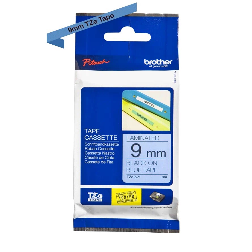 TZe521 (D) 9mm BLACK ON BLUE 8m BROTHER P-TOUCH TAPE
