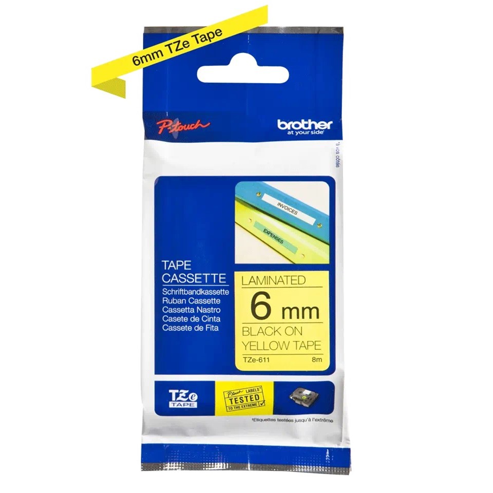 TZe611 6mm BLACK ON YELLOW BROTHER P-TOUCH TAPE