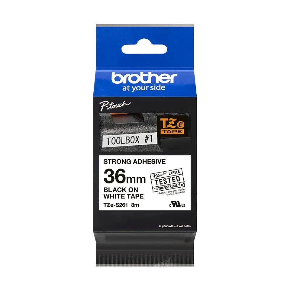 TZES261 36mm BLACK ON WHITE 8m STRONG ADHESIVE BROTHER P-TOUCH TAPE
