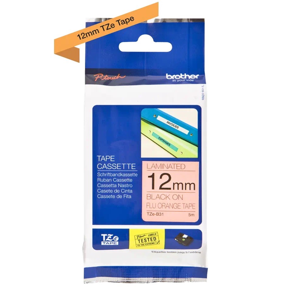 TZeB31 (D) 12mm BLACK ON FLU.ORANGE 5m BROTHER P-TOUCH TAPE