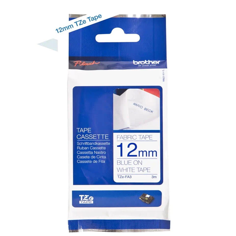 TZeFA3(S) 12mm BLUE ON WHITE 3m FABRIC TAPE