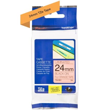 TZEB51(D) 24mm BLACK ON FLU.ORANGE 5m BROTHER P-TOUCH TAPE