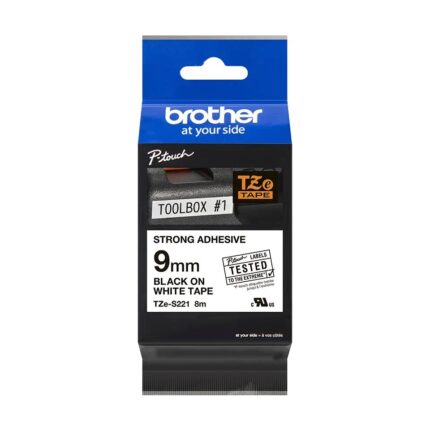 TZeS221 9mm BLACK ON WHITE 8m STRONG ADHESIVE BROTHER P-TOUCH TAPE