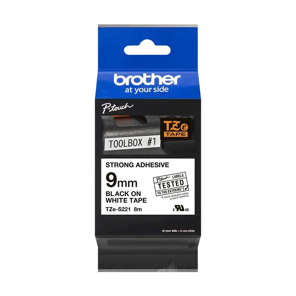 TZeS221 9mm BLACK ON WHITE 8m STRONG ADHESIVE BROTHER P-TOUCH TAPE TZeS221 9mm BLACK ON WHITE 8m STRONG ADHESIVE BROTHER P-TOUCH TAPE