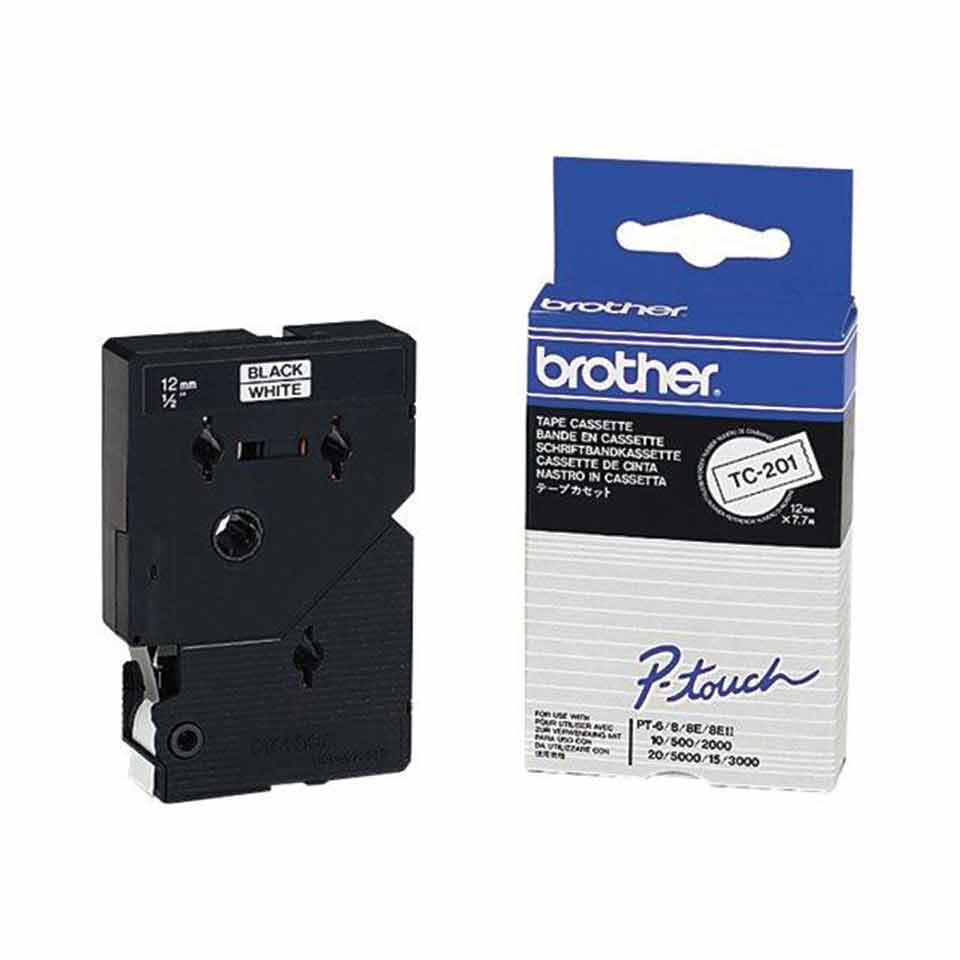 TC201 (D) 12mm BLACK ON WHITE 7.7m BROTHER P-TOUCH TAPE