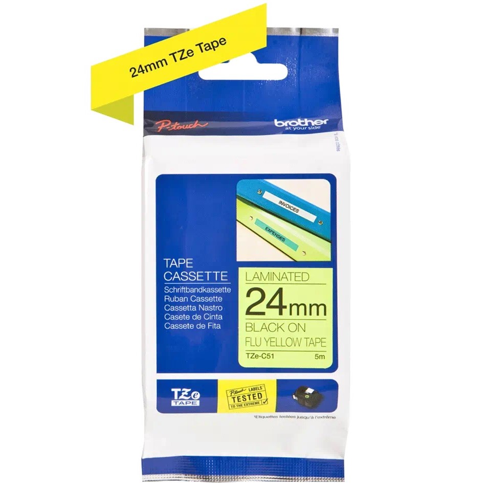 TZeC51(D) 24mm BLACK ON FLU.YELLOW 5m BROTHER P-TOUCH TAPE
