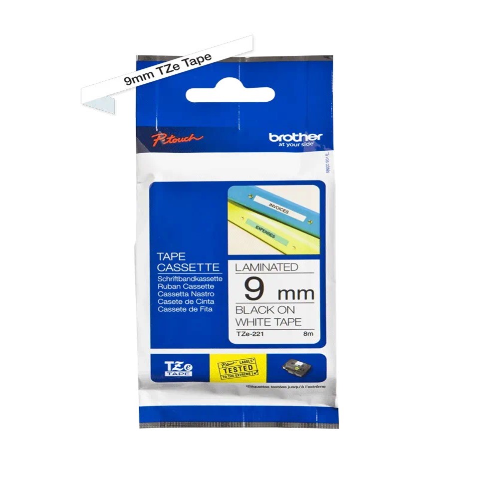 TZe221 9mm BLACK ON WHITE 8m BROTHER P-TOUCH TAPE