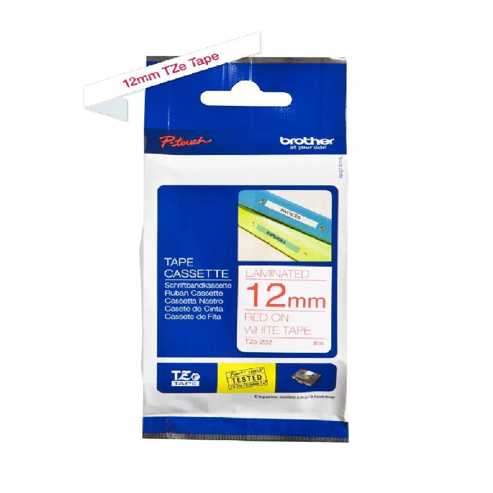 TZe232 (D) 12mm RED ON WHITE 8m BROTHER P-TOUCH TAPE