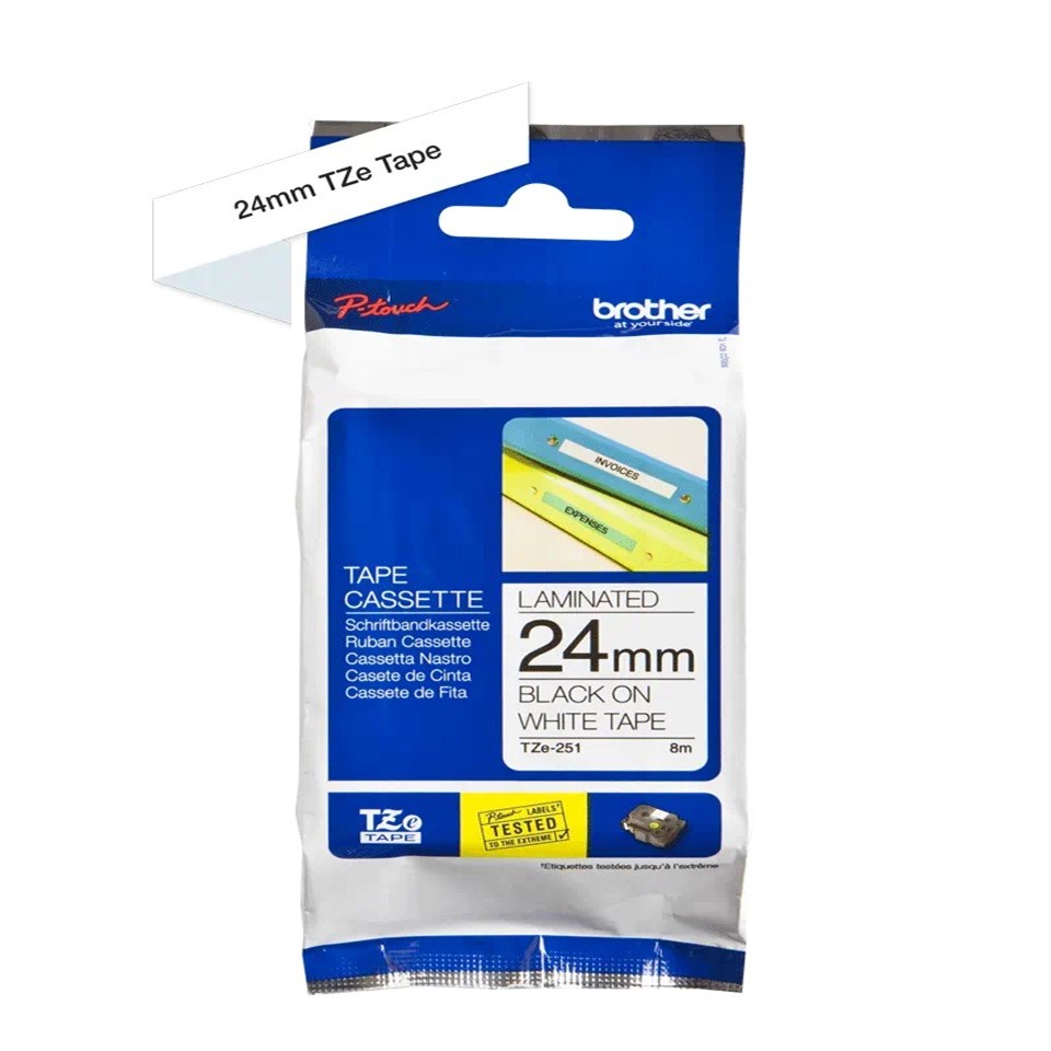 TZe251 (S) 24mm BLACK ON WHITE 8m BROTHER P-TOUCH TAPE
