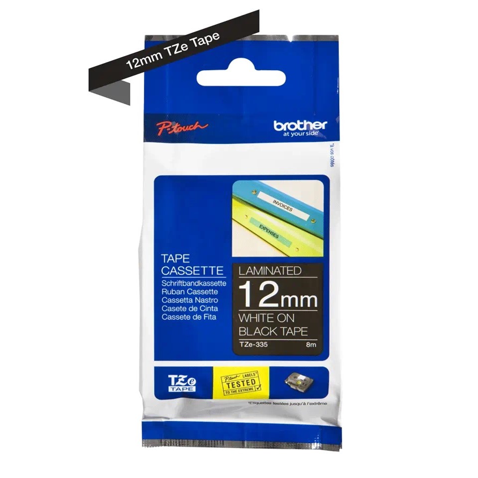 TZE335 12mm WHITE ON BLACK 8m BROTHER P-TOUCH TAPE