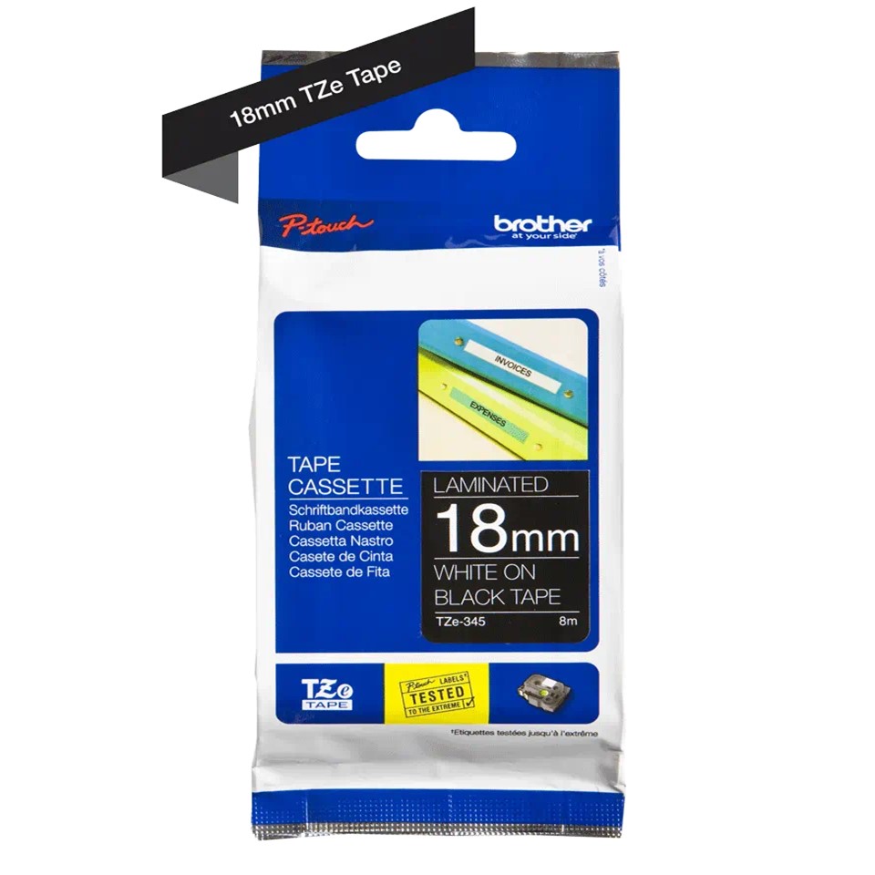 TZE345 18mm White On Black Tape