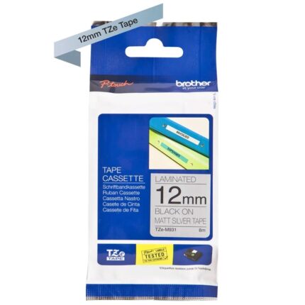 TZeM931(S) 12mm BLACK ON MATT SILVER 8m BROTHER P-TOUCH TAPE